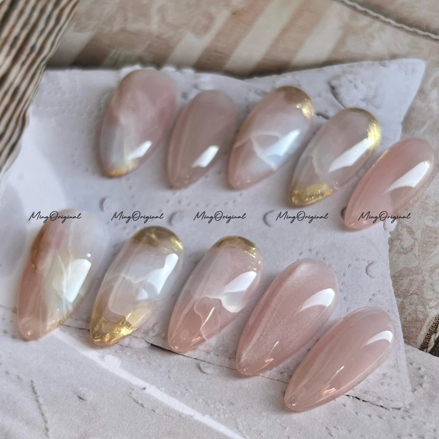 Pastel Marble Press-On Nails, Pink, Beige White with Gold Detail, Handmade Elegant Nail Art for Gifts & Everyday Glam, MO761