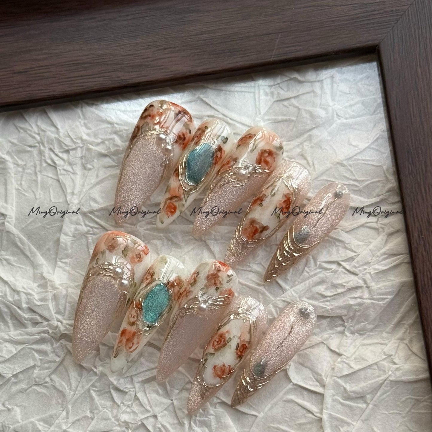 Luxe Floral Press-On Nails, Glitter Nude Base with Orange Rose Flowers, Turquoise Gem Accents, Handmade Artistic Nail Set,MO762