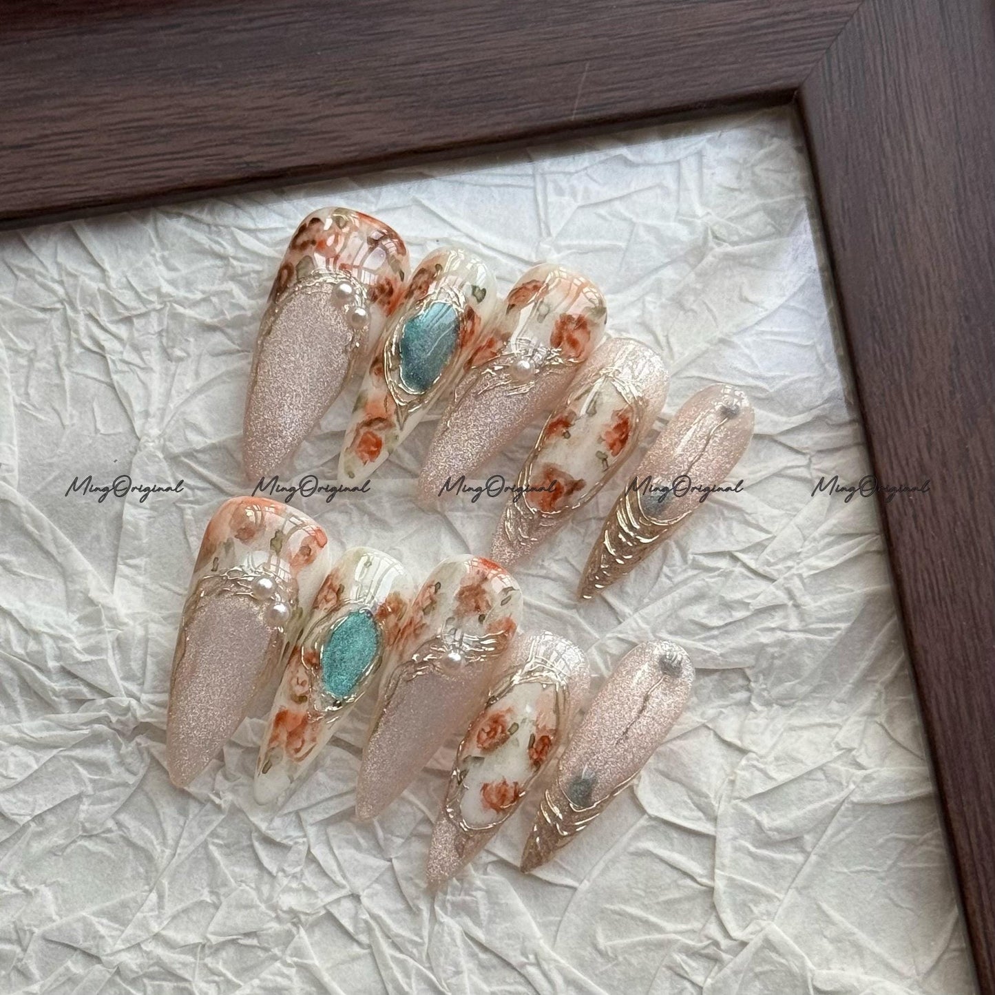 Luxe Floral Press-On Nails, Glitter Nude Base with Orange Rose Flowers, Turquoise Gem Accents, Handmade Artistic Nail Set,MO762