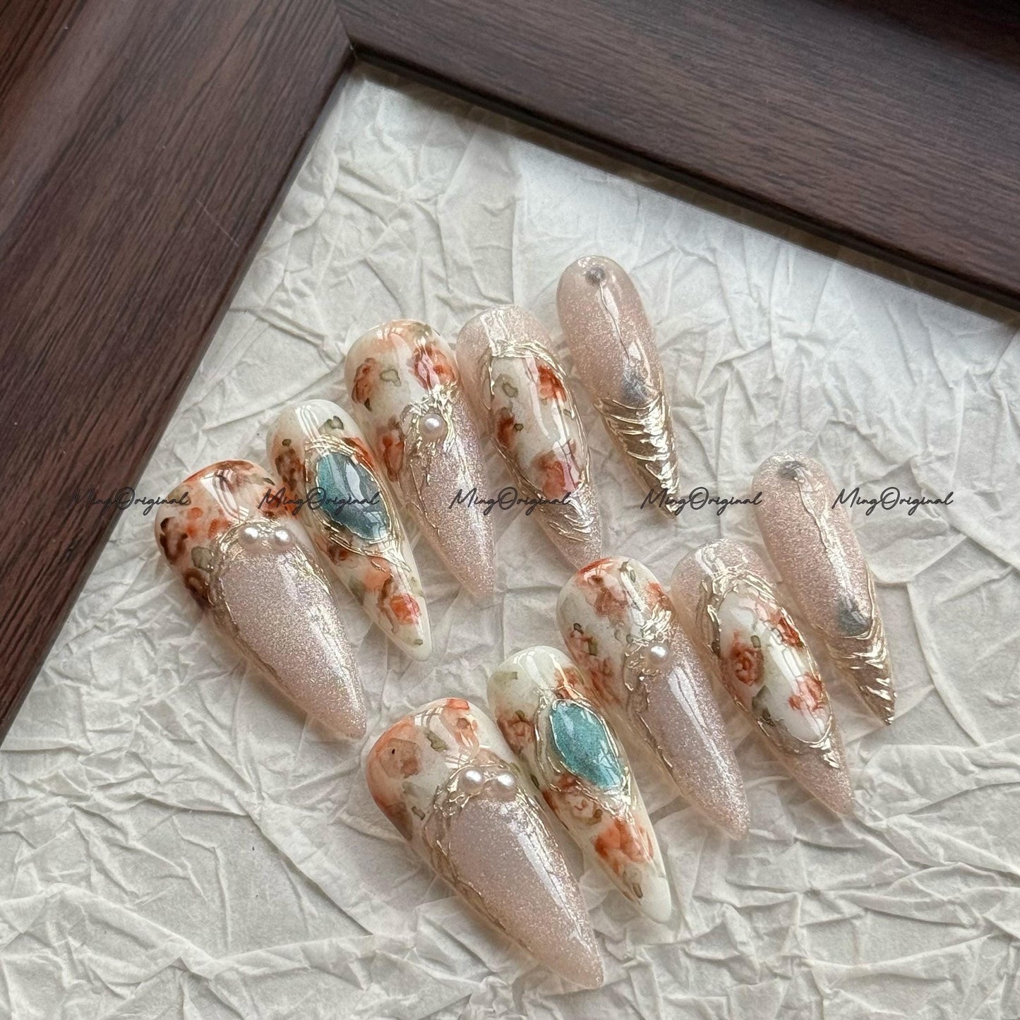 Luxe Floral Press-On Nails, Glitter Nude Base with Orange Rose Flowers, Turquoise Gem Accents, Handmade Artistic Nail Set,MO762