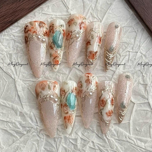 Luxe Floral Press-On Nails, Glitter Nude Base with Orange Rose Flowers, Turquoise Gem Accents, Handmade Artistic Nail Set,MO762