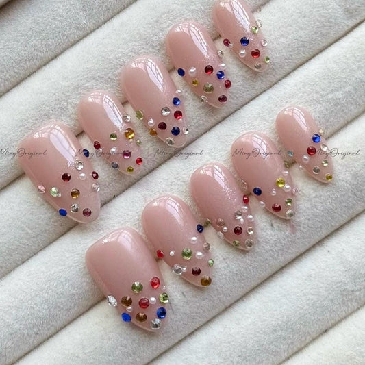 Nude Colorful Rhinestones press on nail, ombre glitter and multicolored rhinestones, perfect for any occasion reusable fake nails, MO740