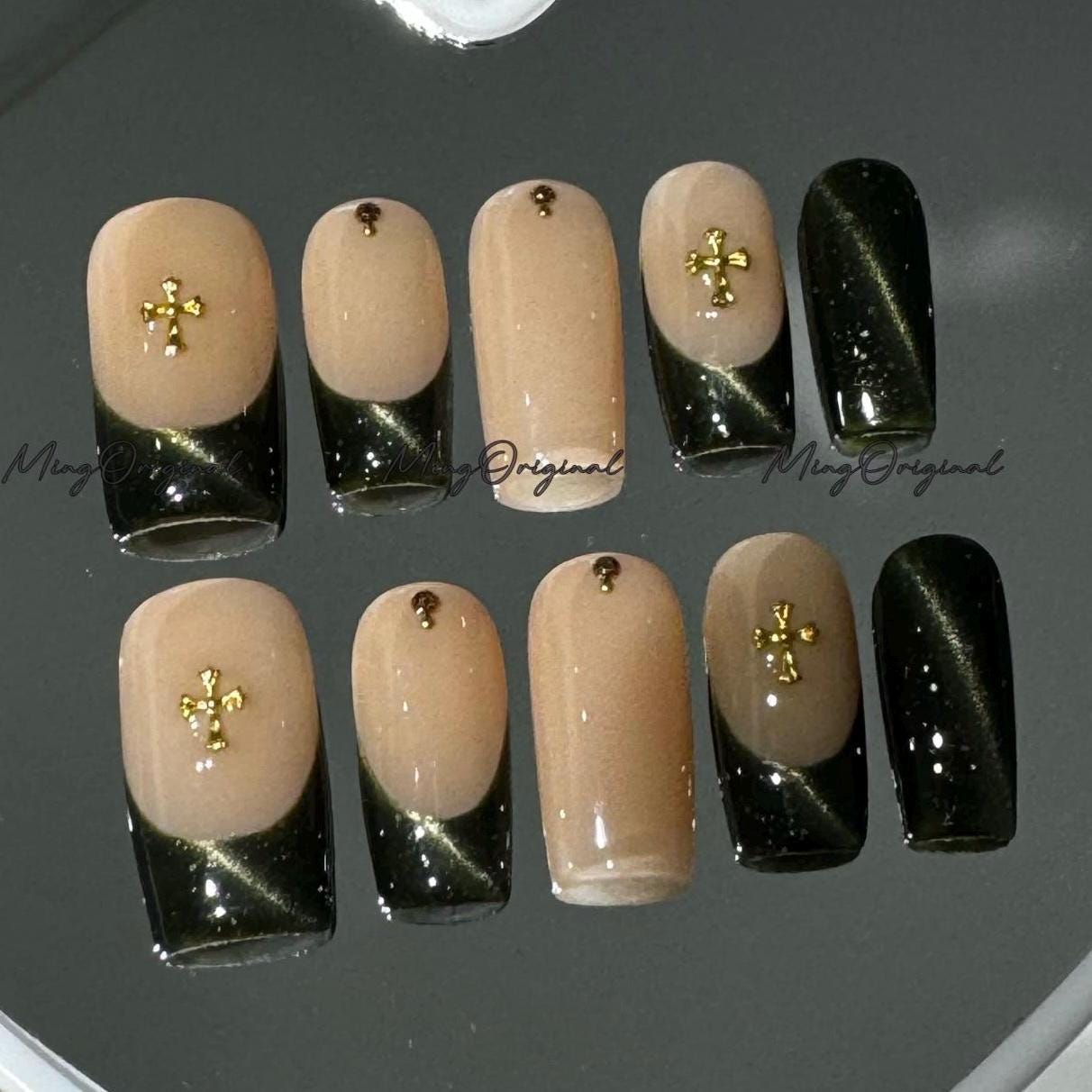 Dark Green French Tip Press-On Nails, Nude Base with Gold Cross Charm, Handmade Elegant Nail Art for Gifts & Everyday Style, Mo763