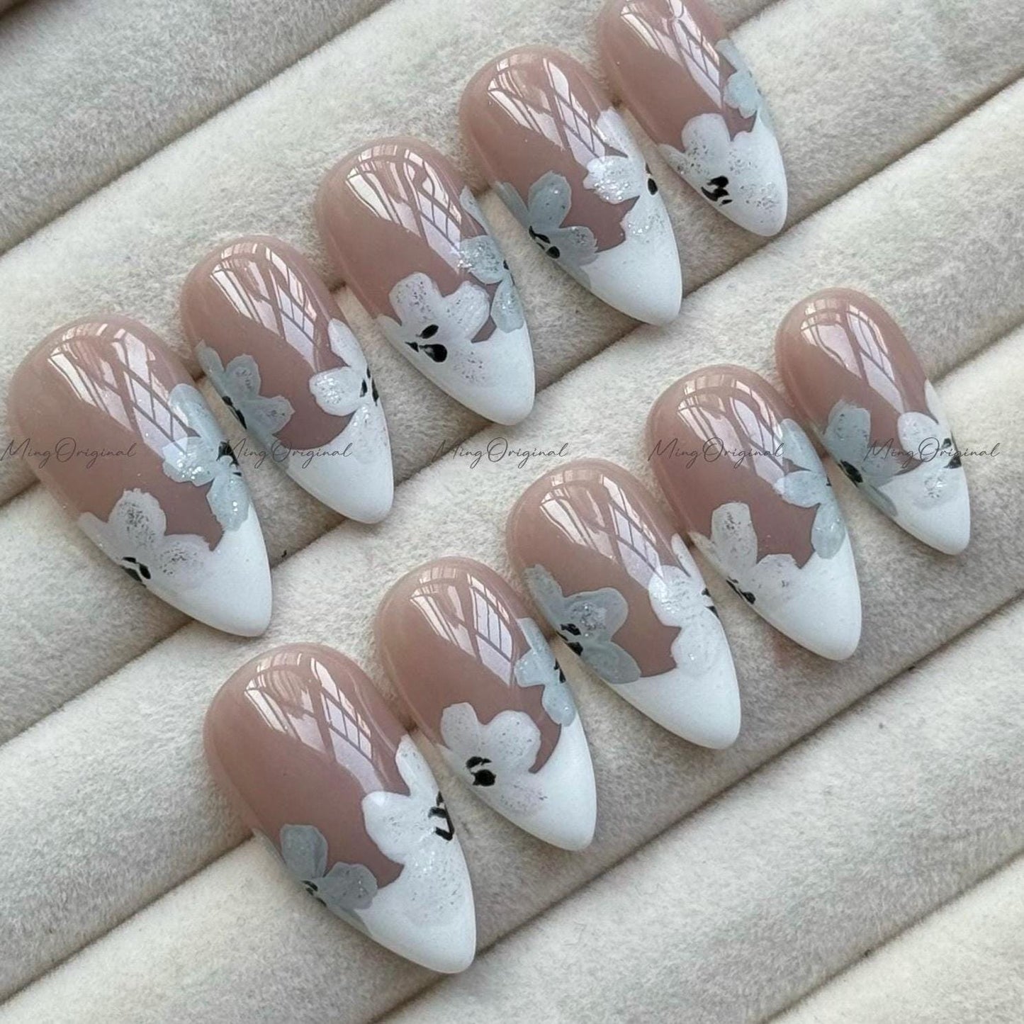 Snowy Blue Floral Press on Nails, French Tip Nails, Nude Nails, Blue and White Petal, Misty Winter Bloom, Handmade Bridal Nail, MO741