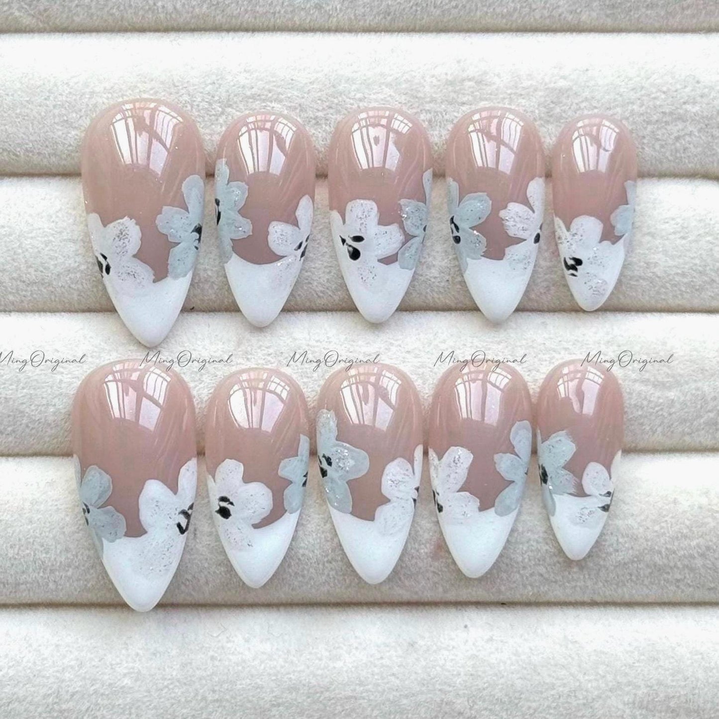 Snowy Blue Floral Press on Nails, French Tip Nails, Nude Nails, Blue and White Petal, Misty Winter Bloom, Handmade Bridal Nail, MO741