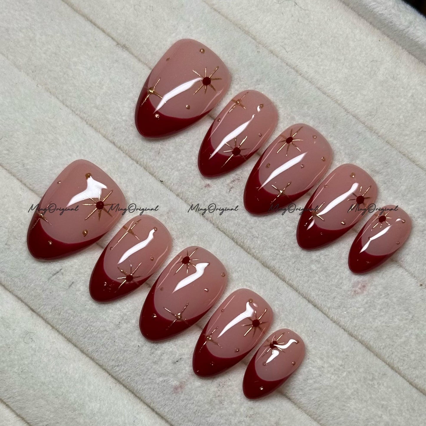 New Year Gold Minimalist Royal Red press on nail, French Tip, Gold Star and Rhinestone Glue on Nail, MO766