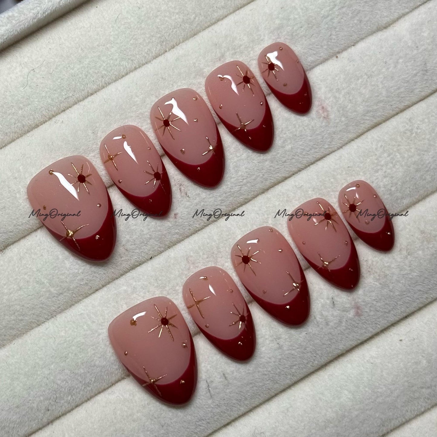 New Year Gold Minimalist Royal Red press on nail, French Tip, Gold Star and Rhinestone Glue on Nail, MO766