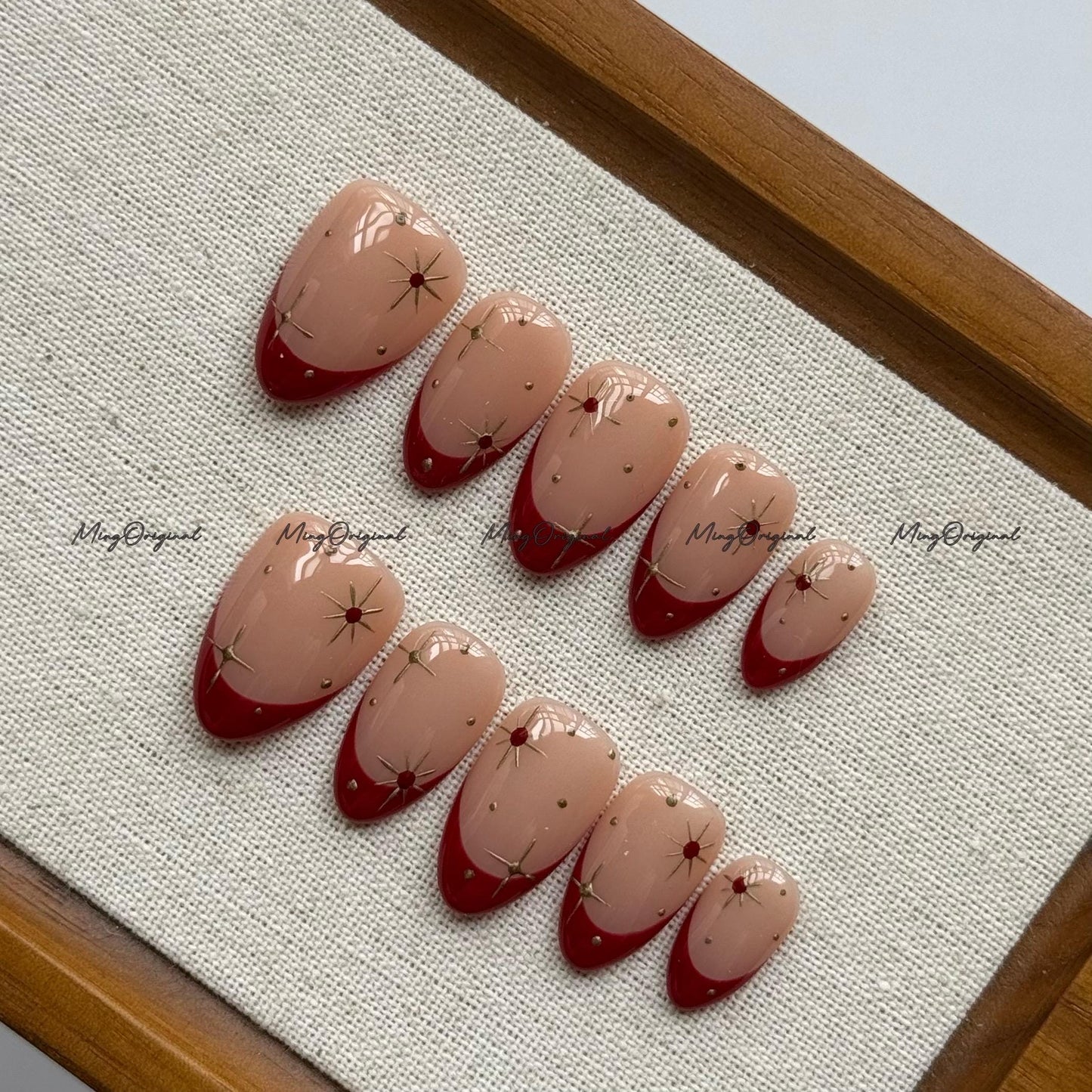 New Year Gold Minimalist Royal Red press on nail, French Tip, Gold Star and Rhinestone Glue on Nail, MO766