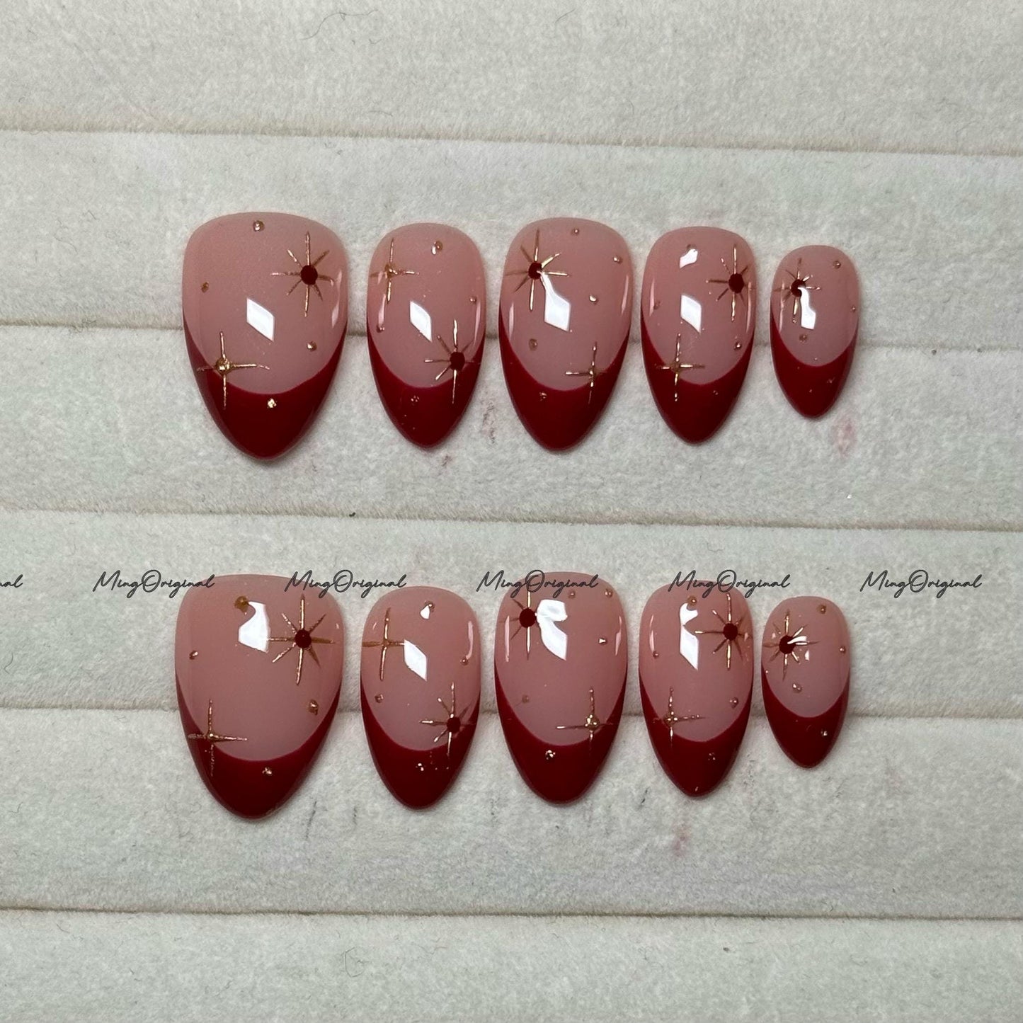 New Year Gold Minimalist Royal Red press on nail, French Tip, Gold Star and Rhinestone Glue on Nail, MO766