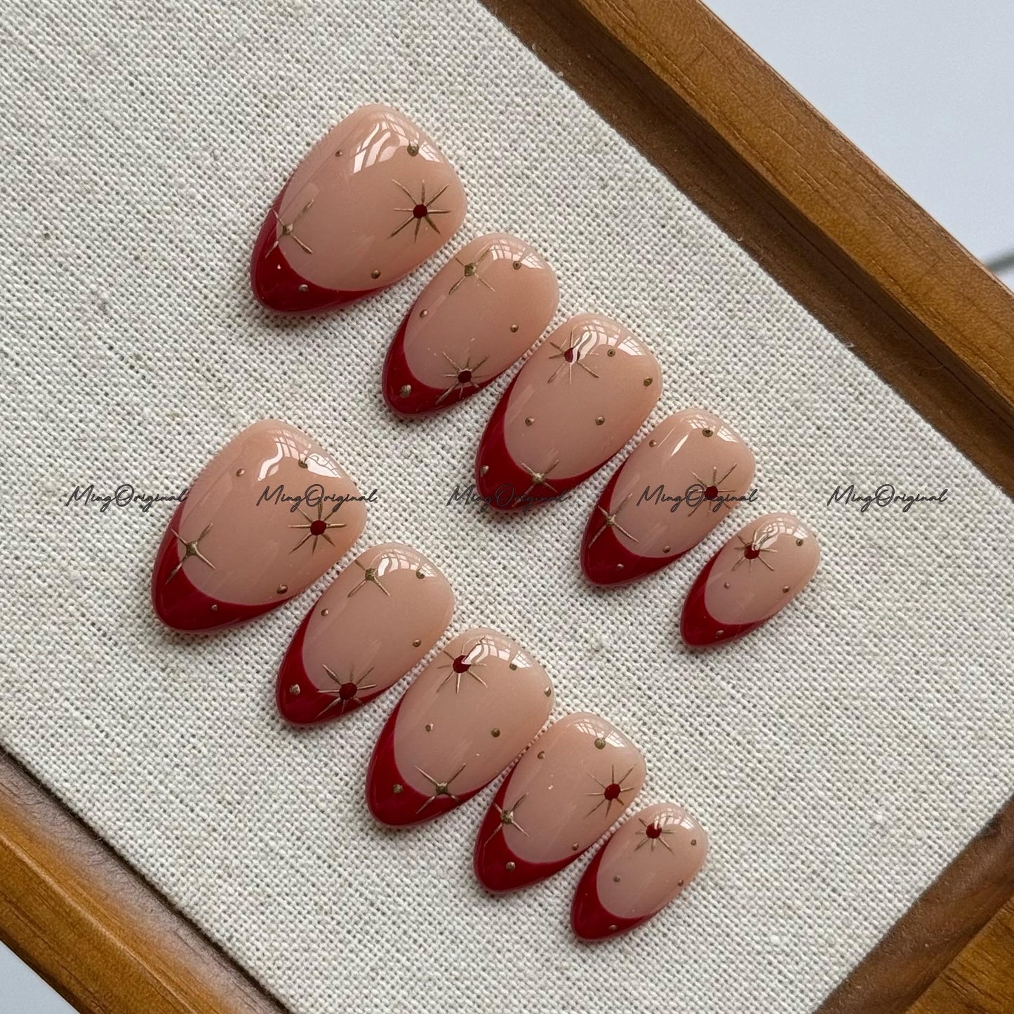 New Year Gold Minimalist Royal Red press on nail, French Tip, Gold Star and Rhinestone Glue on Nail, MO766
