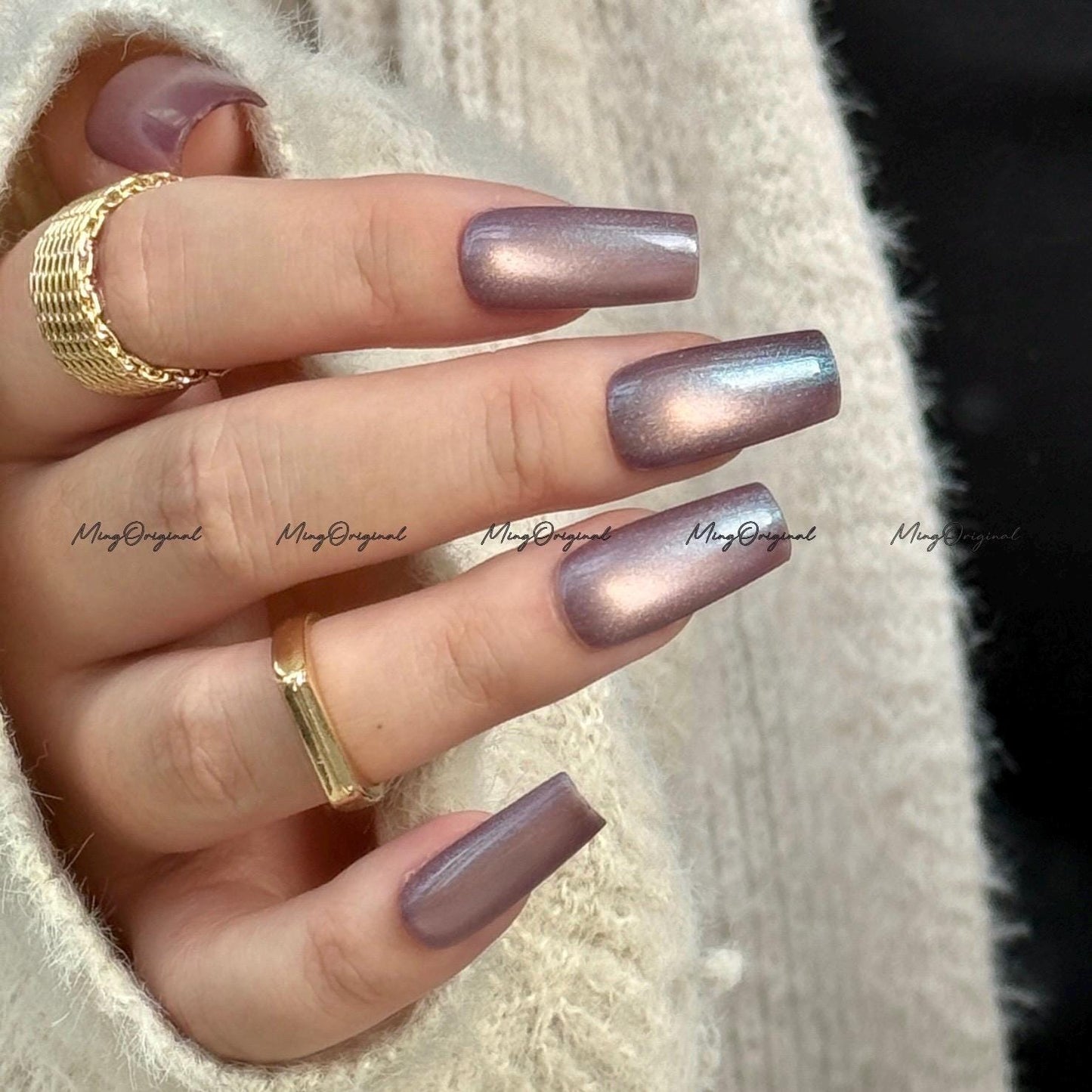 Iridescent purple cat eye press on nails, blue glittery nails, jelly fake nail,sparkly nail, reusable nails, fake nails, MO742