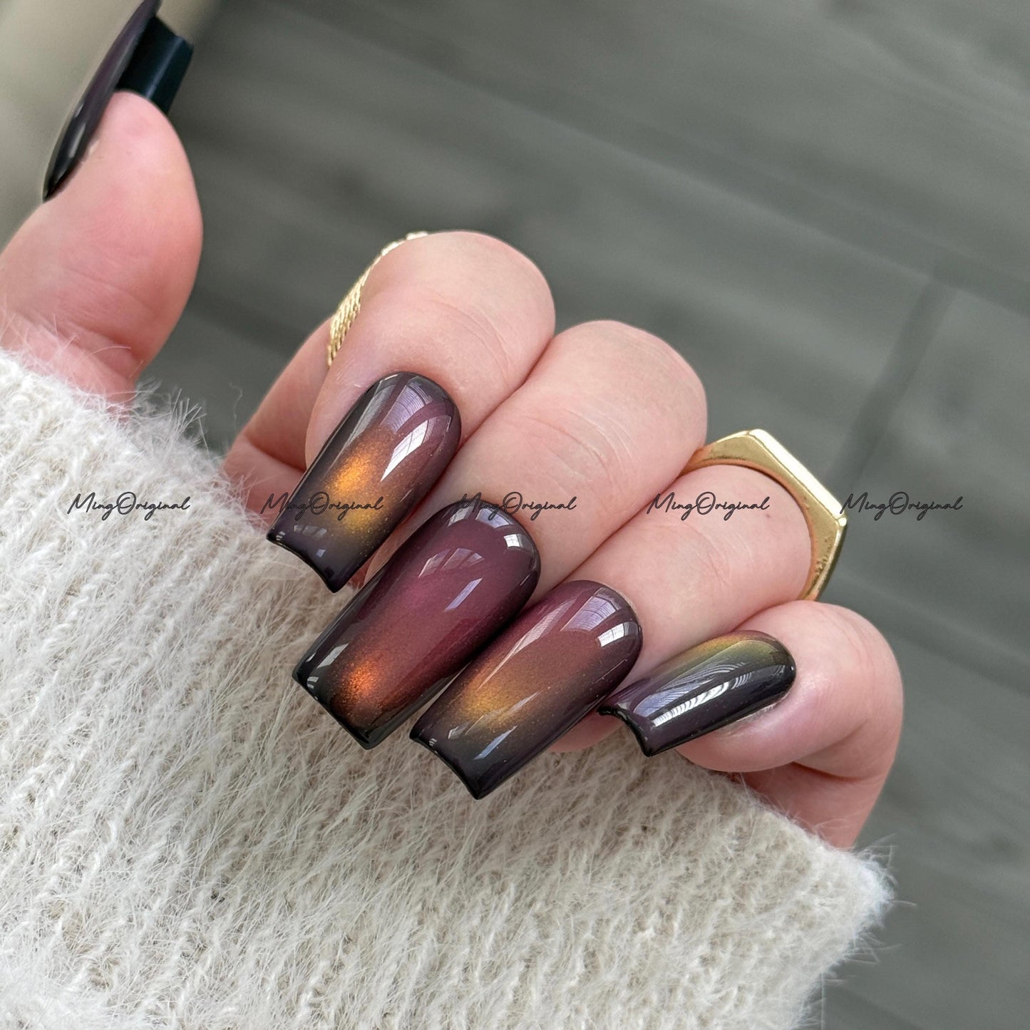 Sunset Color Shifting Press-On Nails, Pink, Orange, Green, Yellow, Gold Gradient Glue on Cat Eye Nails, Black Nails, Reusable Nails, MO743
