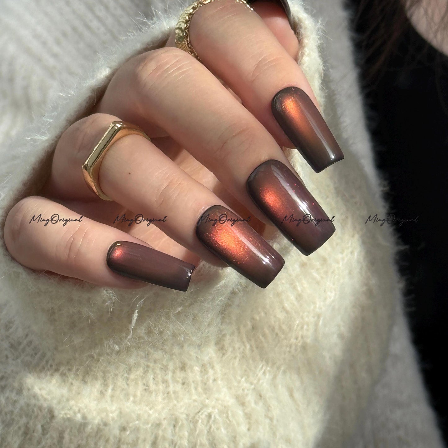 Sunset Color Shifting Press-On Nails, Pink, Orange, Green, Yellow, Gold Gradient Glue on Cat Eye Nails, Black Nails, Reusable Nails, MO743