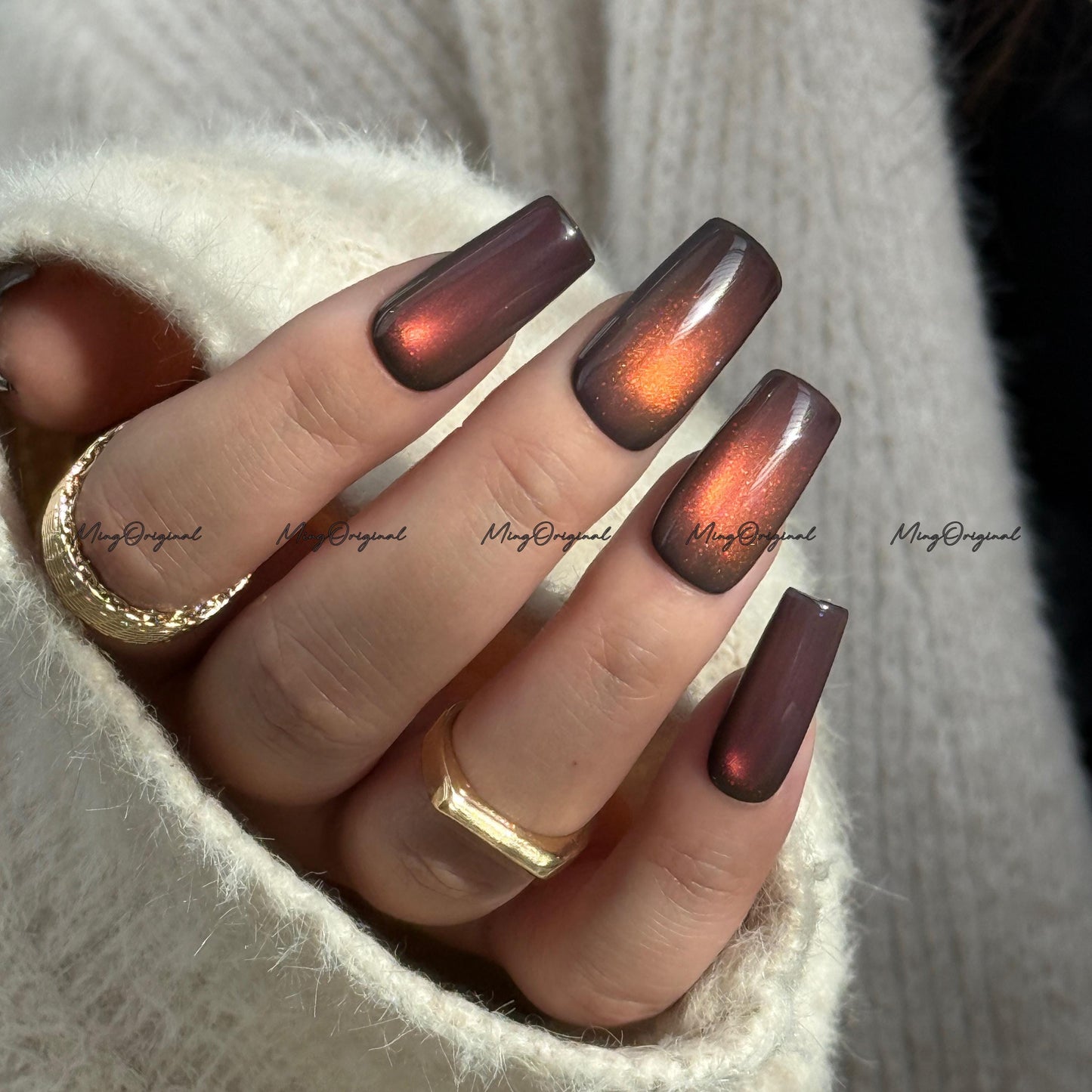 Sunset Color Shifting Press-On Nails, Pink, Orange, Green, Yellow, Gold Gradient Glue on Cat Eye Nails, Black Nails, Reusable Nails, MO743