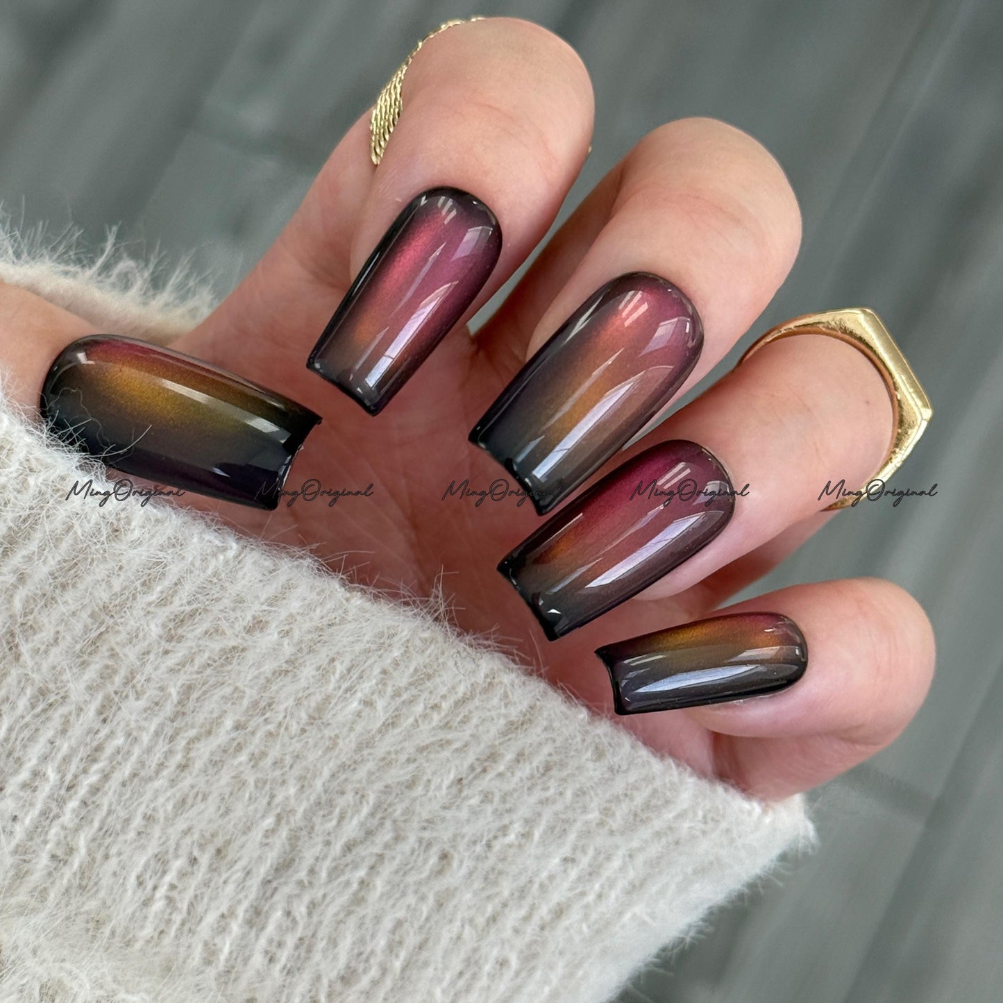 Sunset Color Shifting Press-On Nails, Pink, Orange, Green, Yellow, Gold Gradient Glue on Cat Eye Nails, Black Nails, Reusable Nails, MO743