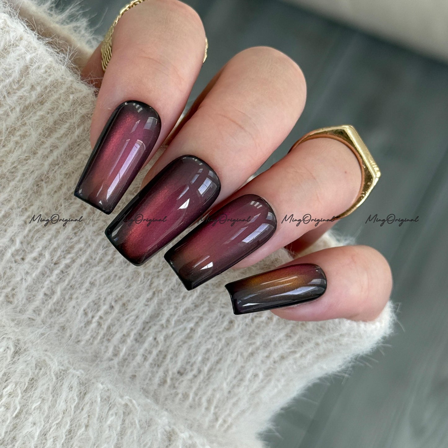 Sunset Color Shifting Press-On Nails, Pink, Orange, Green, Yellow, Gold Gradient Glue on Cat Eye Nails, Black Nails, Reusable Nails, MO743