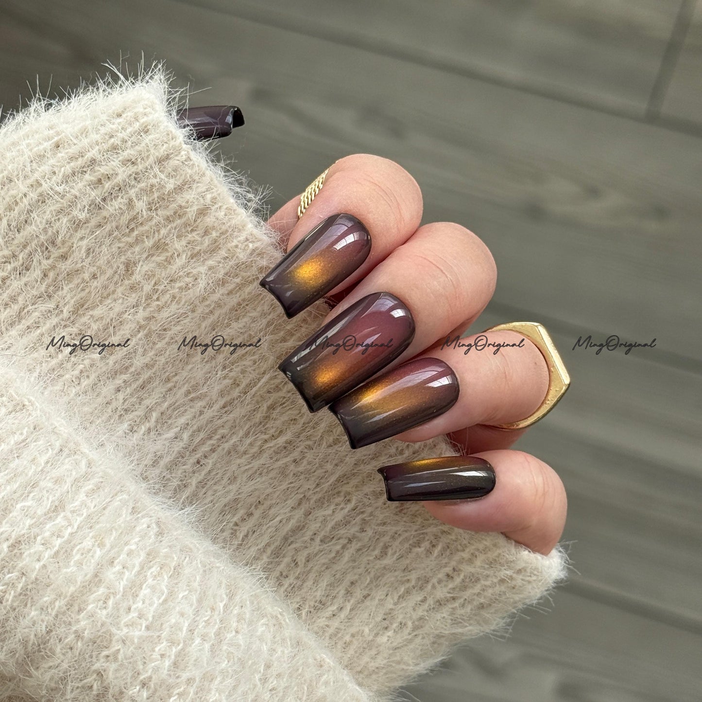Sunset Color Shifting Press-On Nails, Pink, Orange, Green, Yellow, Gold Gradient Glue on Cat Eye Nails, Black Nails, Reusable Nails, MO743