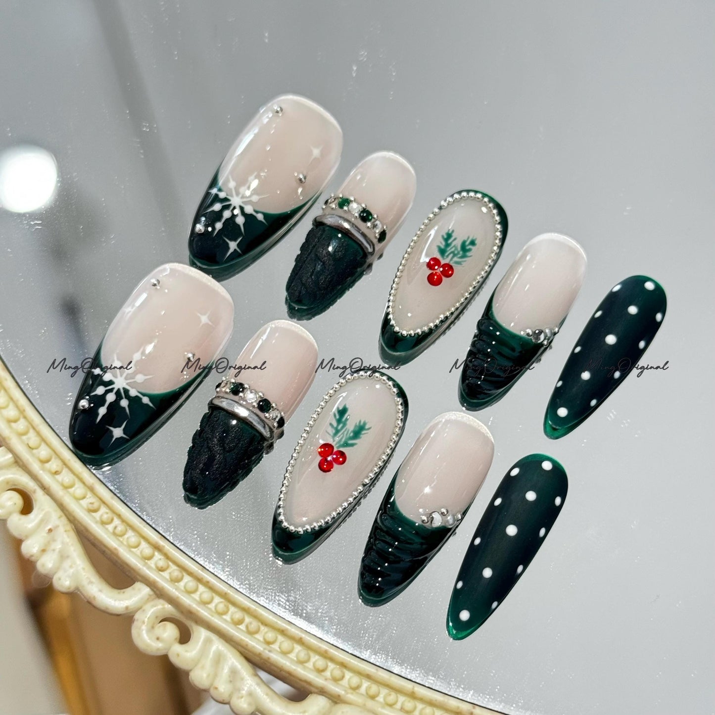 Christmas green polka dots sweater press on Nail, cherry tree and snowflake French tip nails, glue on nail, Holiday Fake Nails, MO767