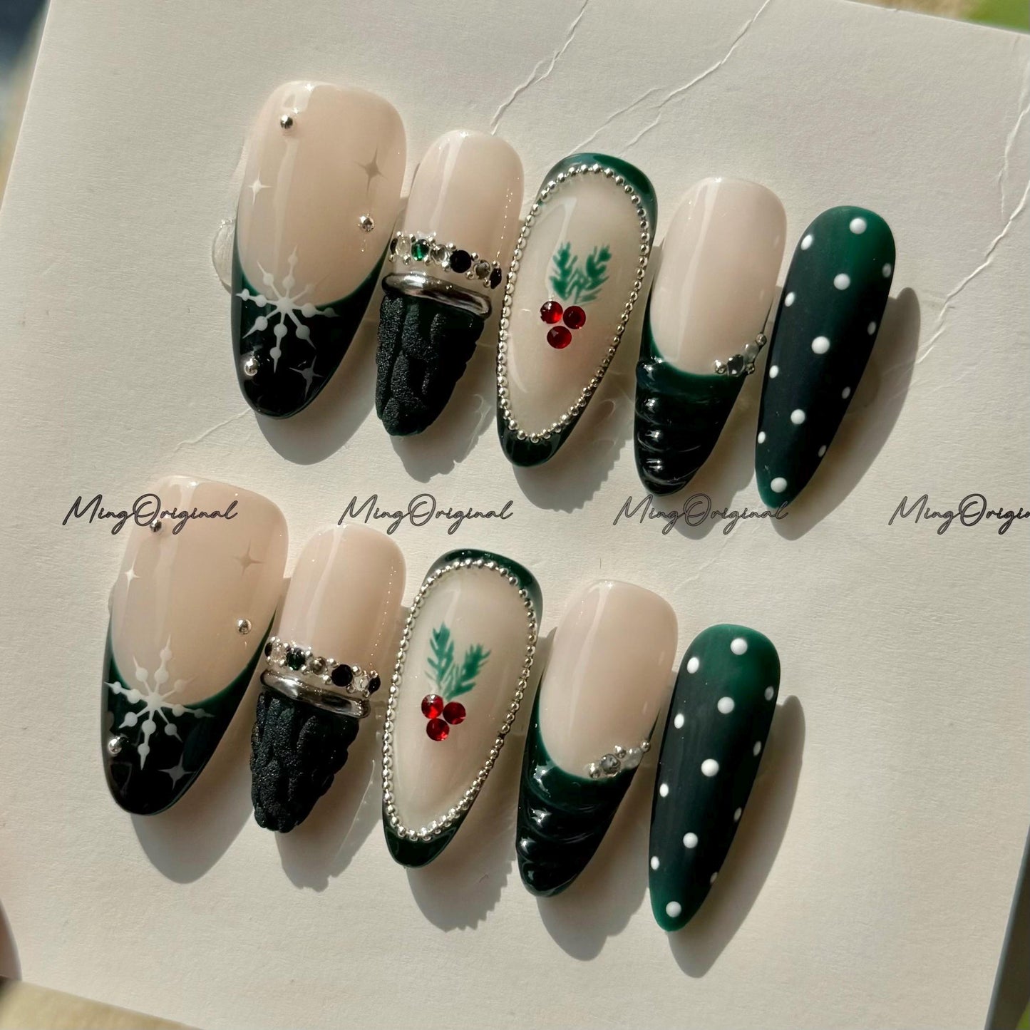 Christmas green polka dots sweater press on Nail, cherry tree and snowflake French tip nails, glue on nail, Holiday Fake Nails, MO767