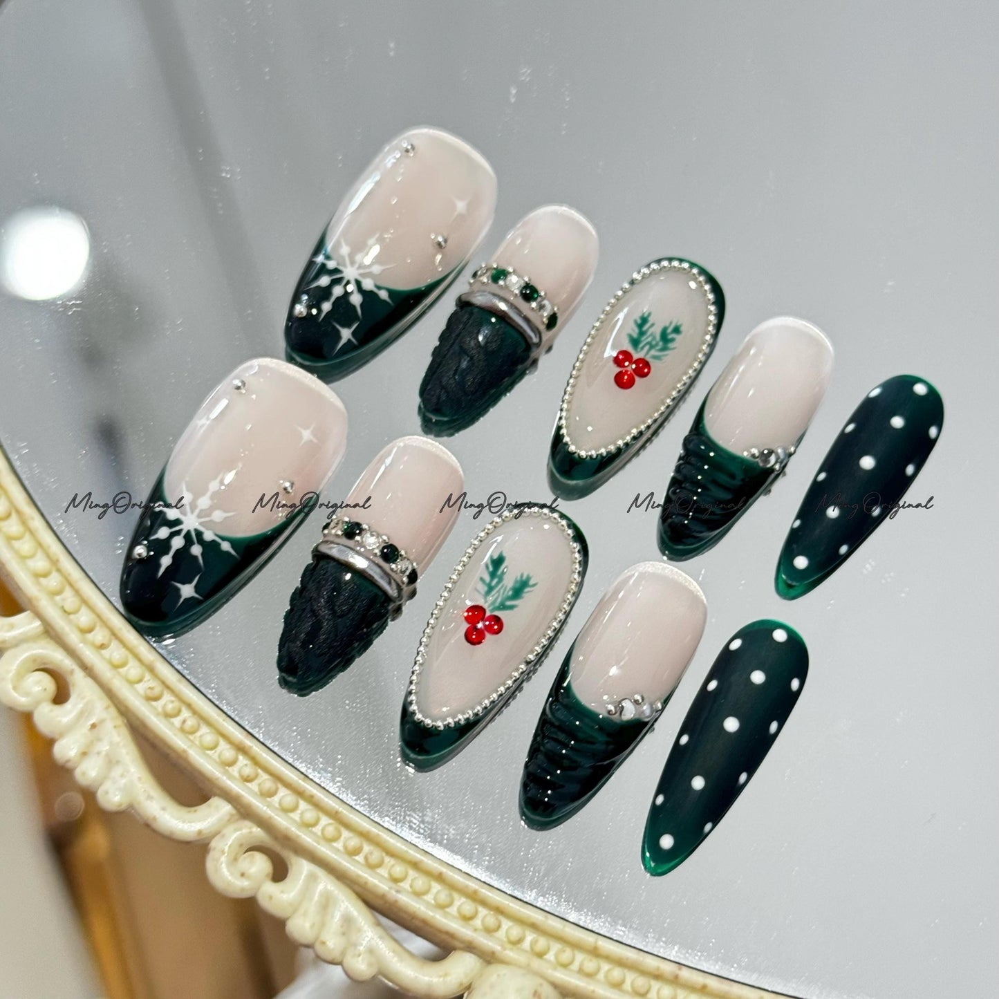 Christmas green polka dots sweater press on Nail, cherry tree and snowflake French tip nails, glue on nail, Holiday Fake Nails, MO767