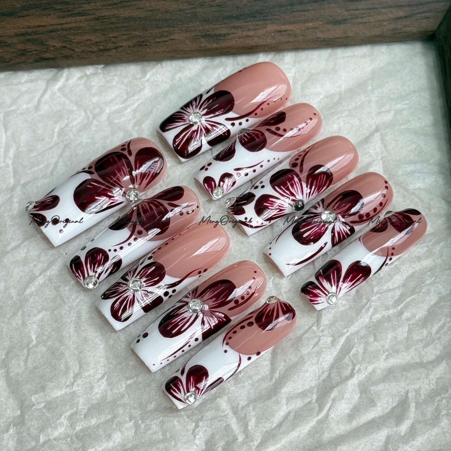 Burgundy Floral French Tip Press-On Nails, Burgundy Orchard Flower,| Rhinestone Accent, Handmade Elegant Nail Art, MO744