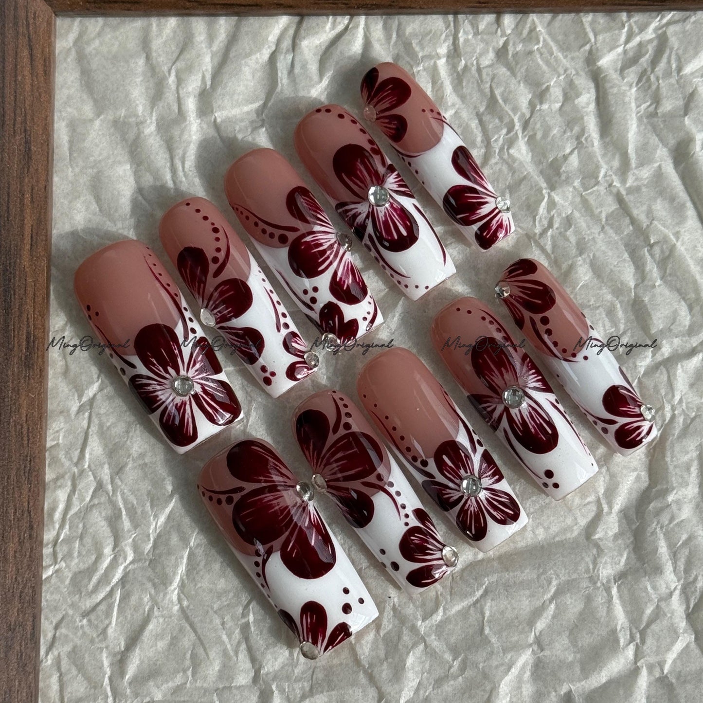 Burgundy Floral French Tip Press-On Nails, Burgundy Orchard Flower,| Rhinestone Accent, Handmade Elegant Nail Art, MO744