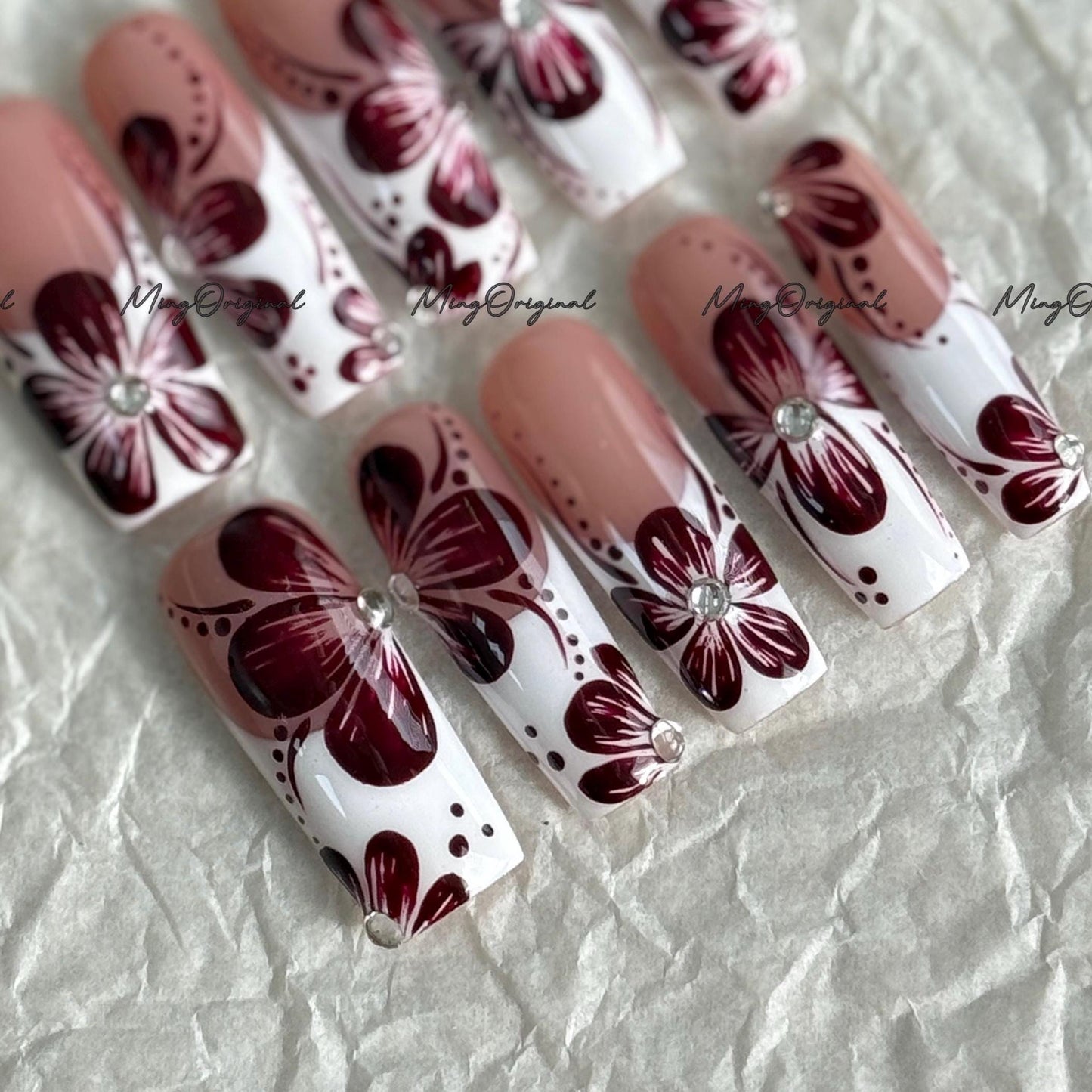 Burgundy Floral French Tip Press-On Nails, Burgundy Orchard Flower,| Rhinestone Accent, Handmade Elegant Nail Art, MO744