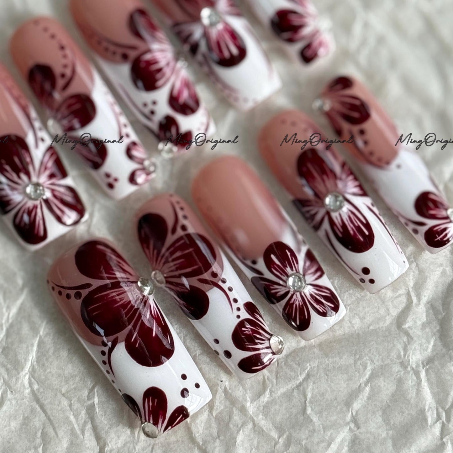 Burgundy Floral French Tip Press-On Nails, Burgundy Orchard Flower,| Rhinestone Accent, Handmade Elegant Nail Art, MO744