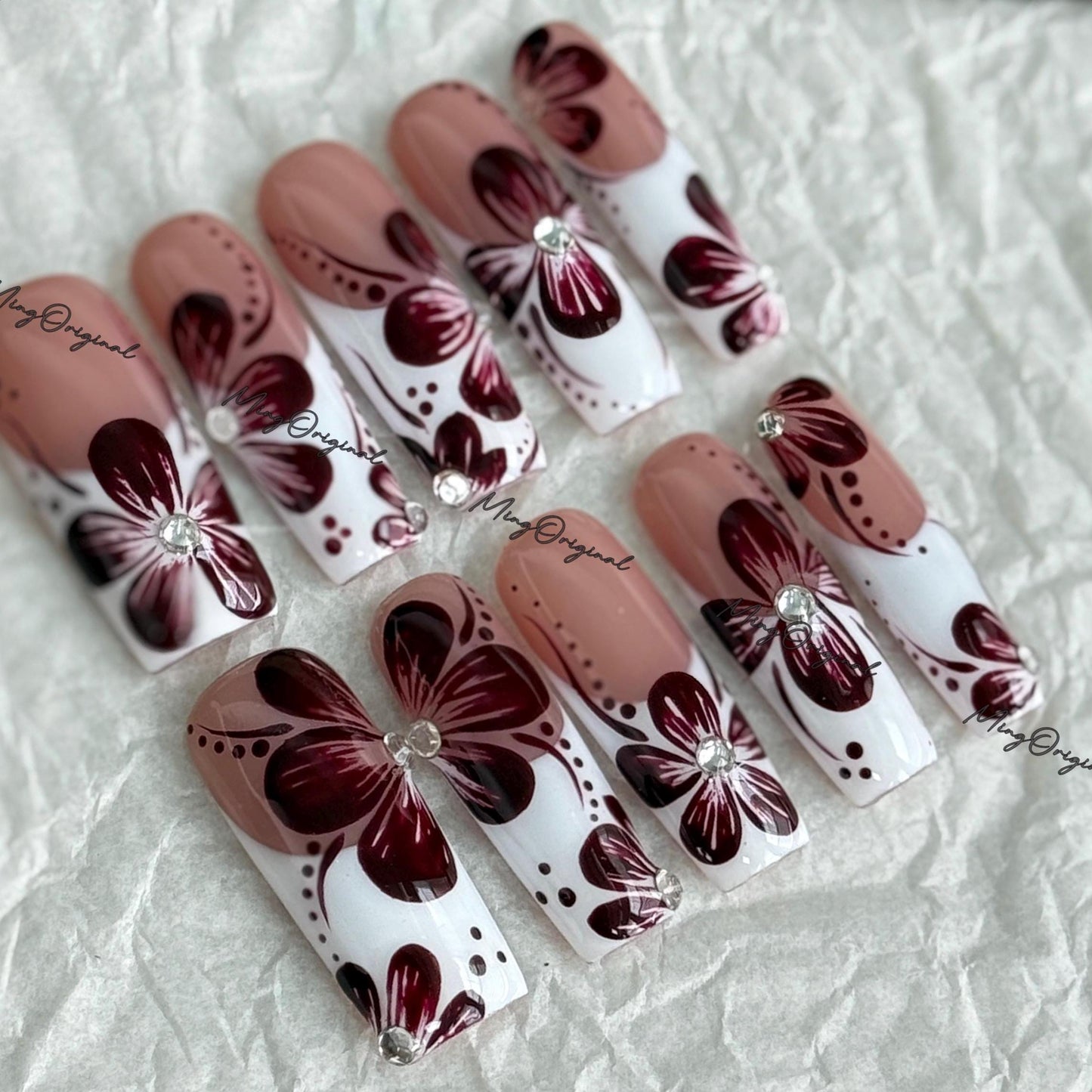 Burgundy Floral French Tip Press-On Nails, Burgundy Orchard Flower,| Rhinestone Accent, Handmade Elegant Nail Art, MO744