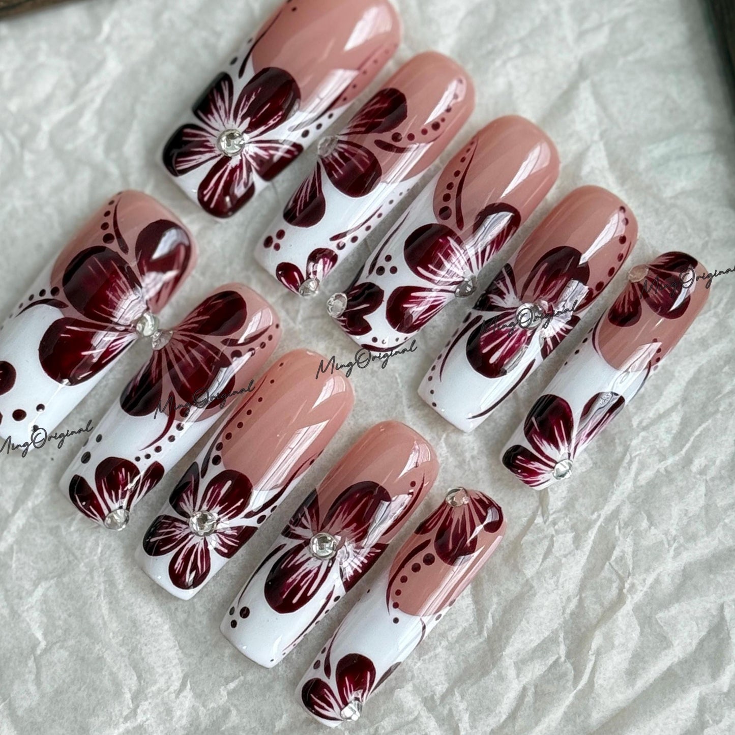 Burgundy Floral French Tip Press-On Nails, Burgundy Orchard Flower,| Rhinestone Accent, Handmade Elegant Nail Art, MO744
