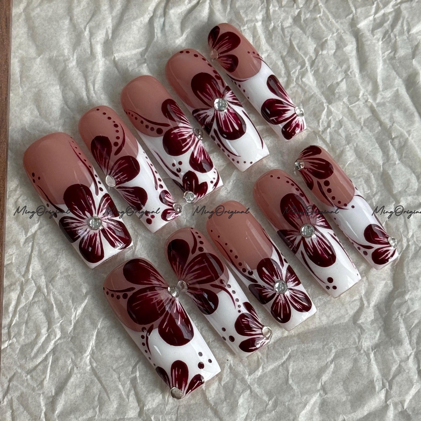 Burgundy Floral French Tip Press-On Nails, Burgundy Orchard Flower,| Rhinestone Accent, Handmade Elegant Nail Art, MO744
