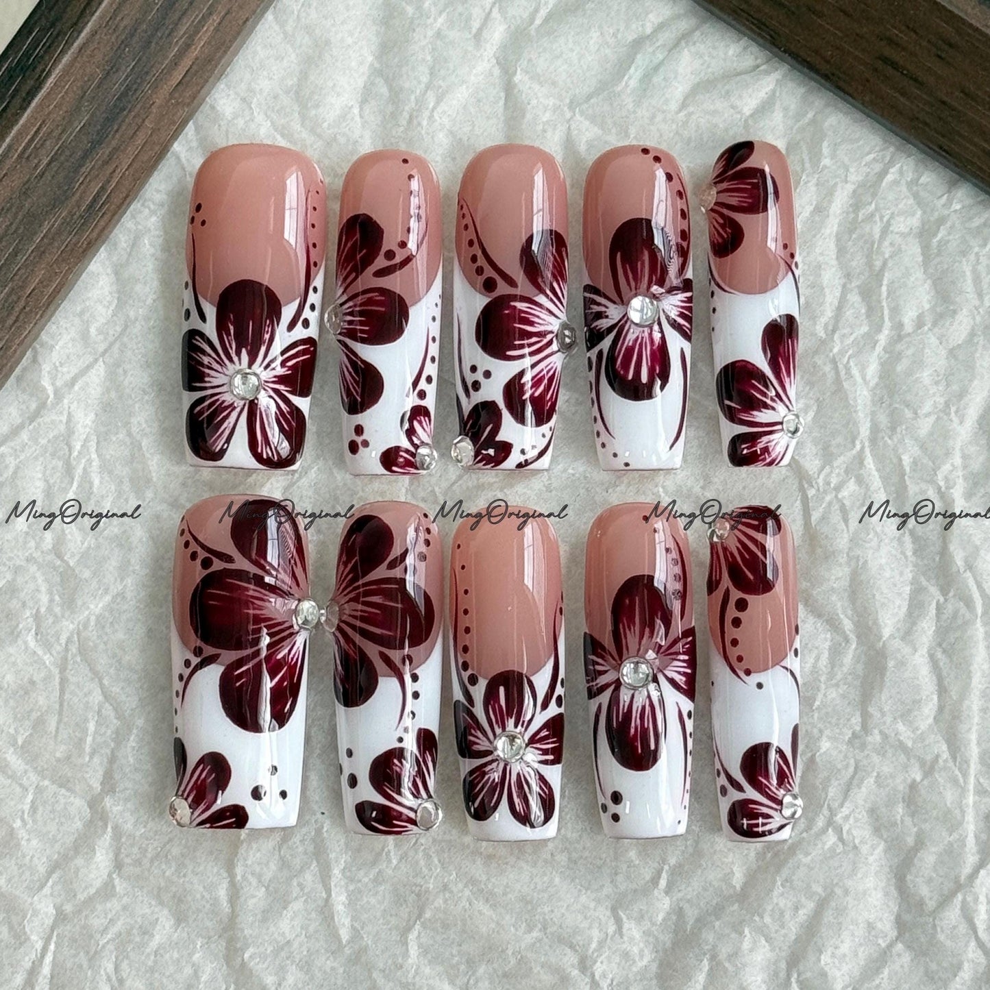 Burgundy Floral French Tip Press-On Nails, Burgundy Orchard Flower,| Rhinestone Accent, Handmade Elegant Nail Art, MO744
