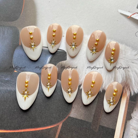 Nude French Tip Press-On Nails, Gold Starburst and Stud Accent, Handmade Elegant Nails for Everyday Glam, Reusable Nails, MO745