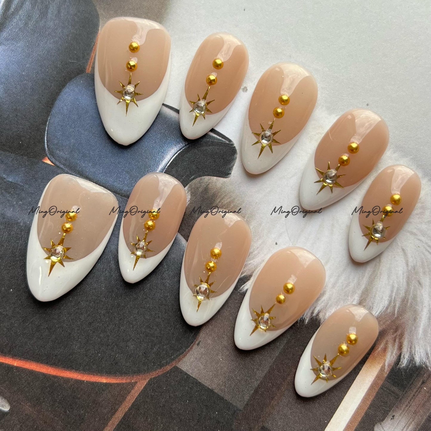 Nude French Tip Press-On Nails, Gold Starburst and Stud Accent, Handmade Elegant Nails for Everyday Glam, Reusable Nails, MO745