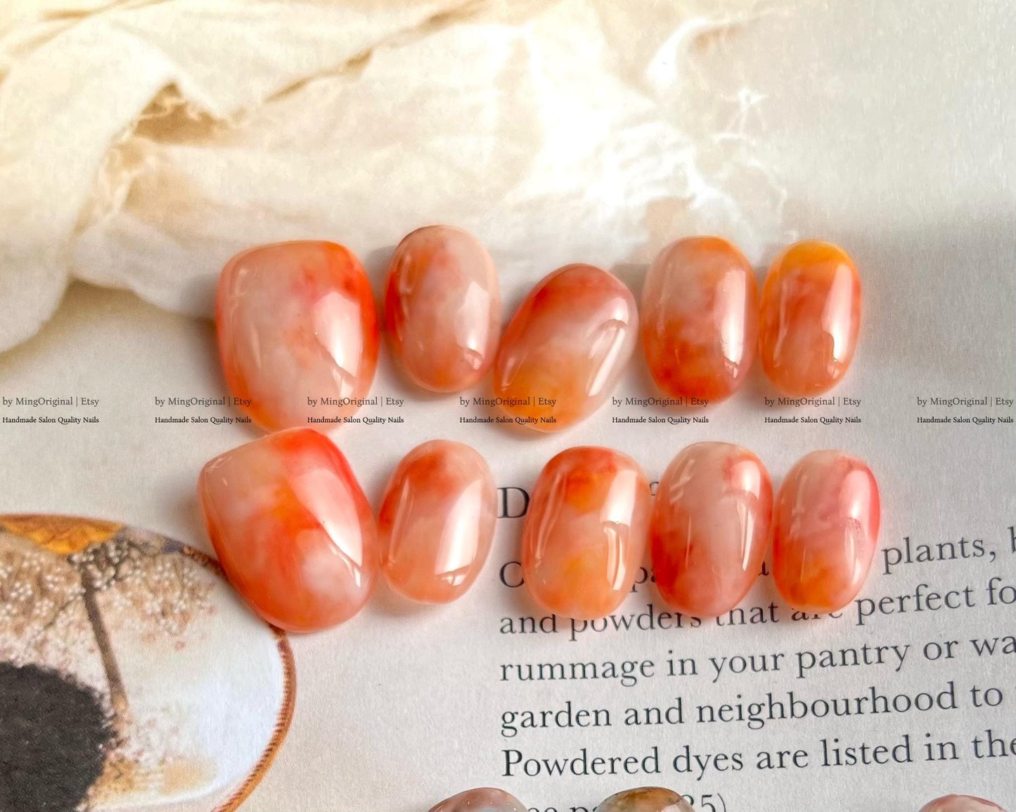 Botanical Dye Series Handmade Press-On Nails Inspired by Natures Palette,Marble & Gradient Art, Blending Quartz Stone, MO768