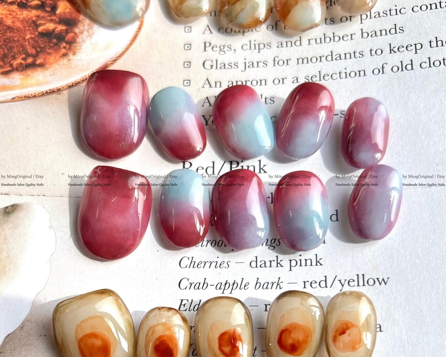 Botanical Dye Series Handmade Press-On Nails Inspired by Natures Palette,Marble & Gradient Art, Blending Quartz Stone, MO768