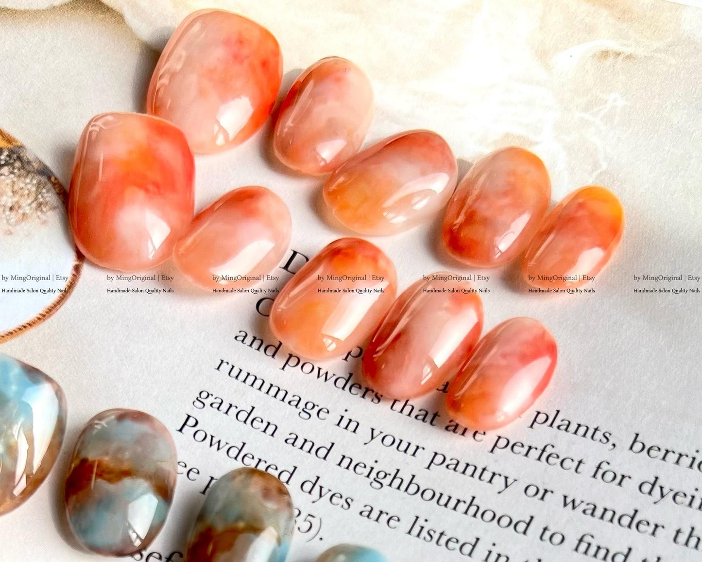 Botanical Dye Series Handmade Press-On Nails Inspired by Natures Palette,Marble & Gradient Art, Blending Quartz Stone, MO768