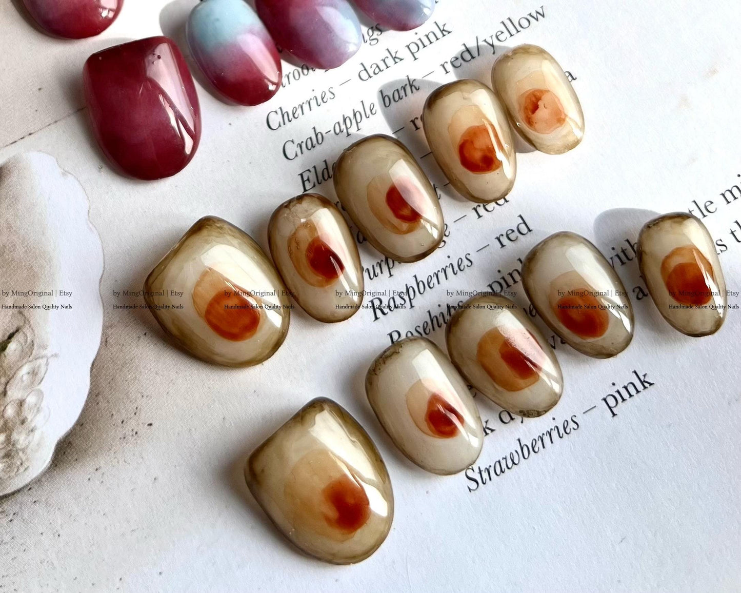 Botanical Dye Series Handmade Press-On Nails Inspired by Natures Palette,Marble & Gradient Art, Blending Quartz Stone, MO768