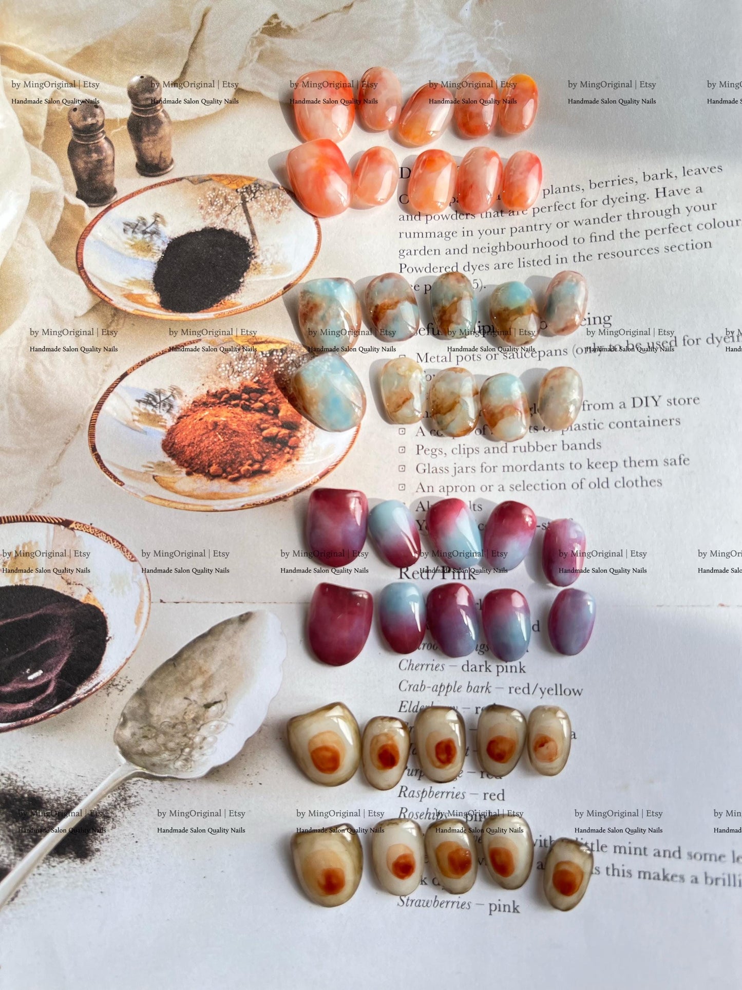 Botanical Dye Series Handmade Press-On Nails Inspired by Natures Palette,Marble & Gradient Art, Blending Quartz Stone, MO768