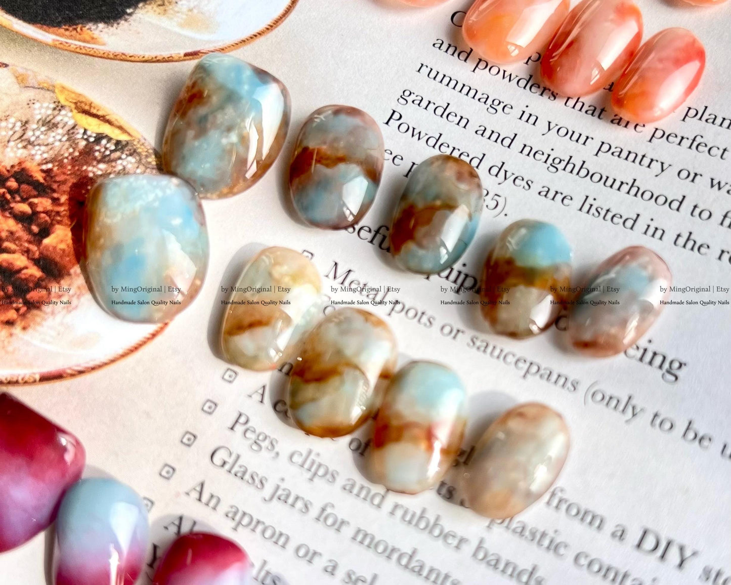 Botanical Dye Series Handmade Press-On Nails Inspired by Natures Palette,Marble & Gradient Art, Blending Quartz Stone, MO768