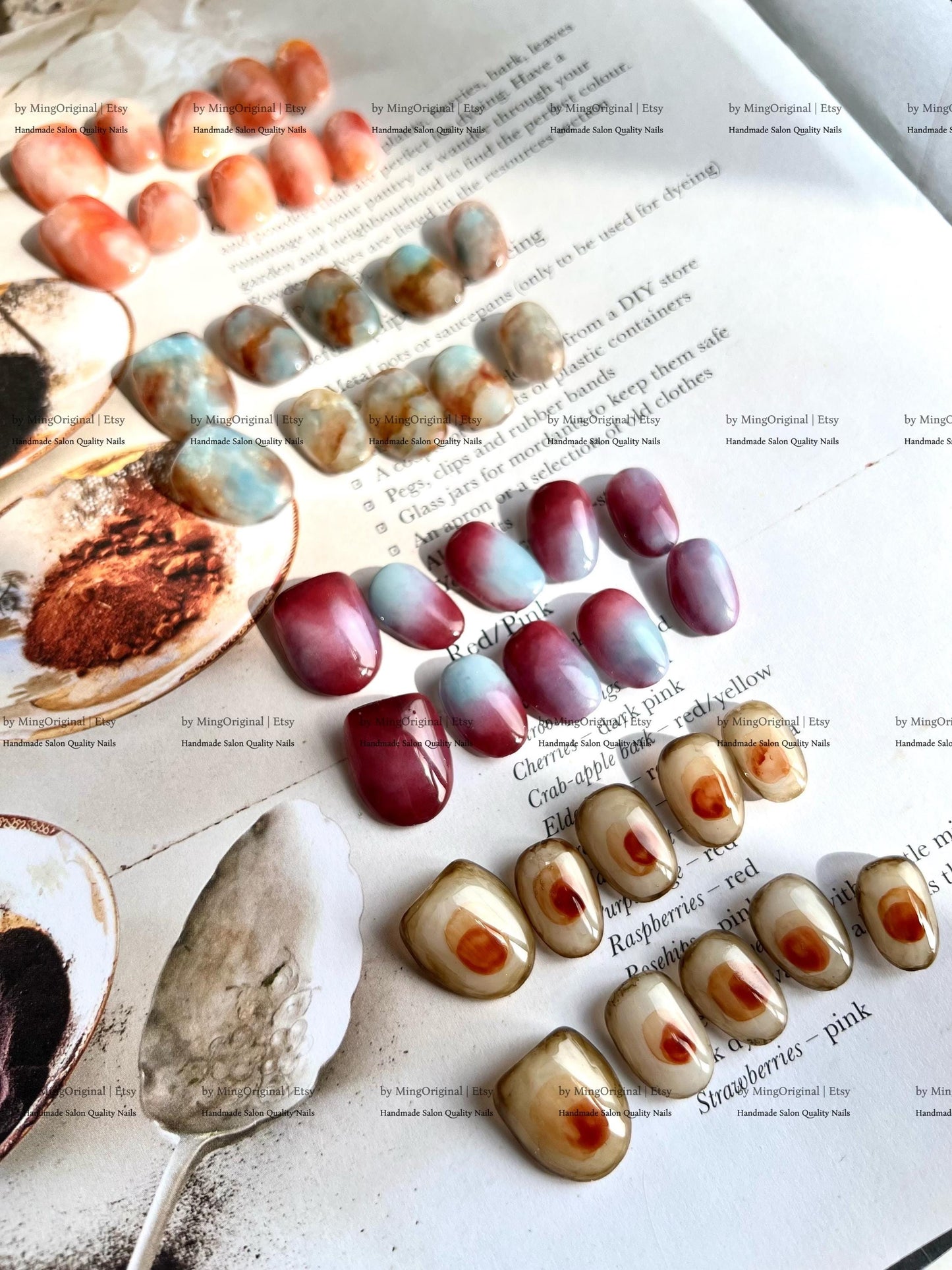 Botanical Dye Series Handmade Press-On Nails Inspired by Natures Palette,Marble & Gradient Art, Blending Quartz Stone, MO768