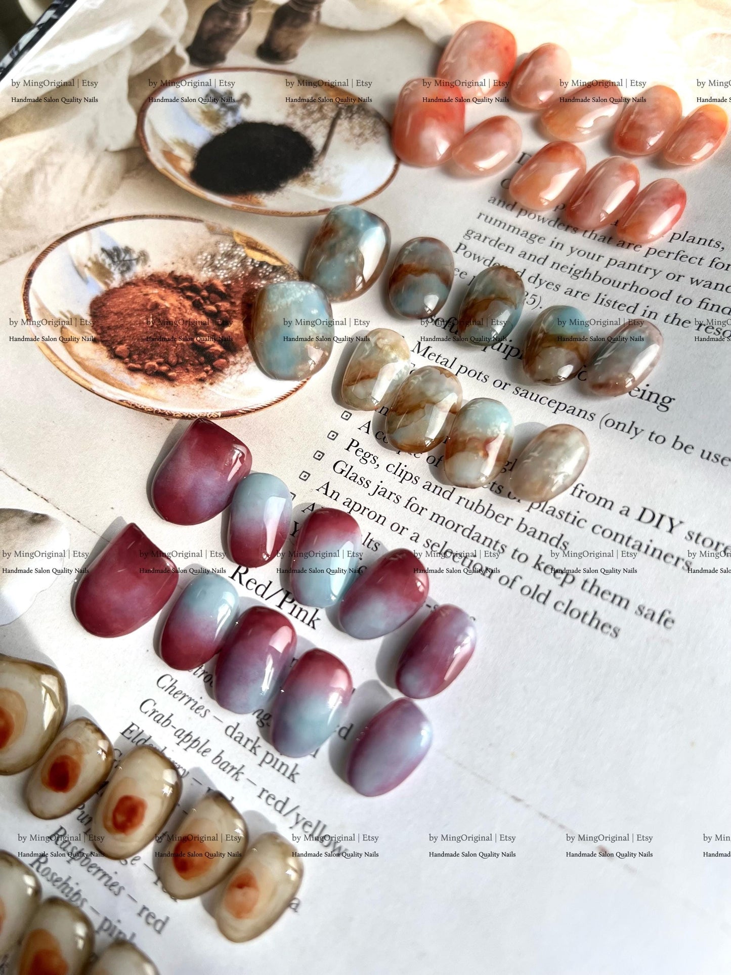 Botanical Dye Series Handmade Press-On Nails Inspired by Natures Palette,Marble & Gradient Art, Blending Quartz Stone, MO768