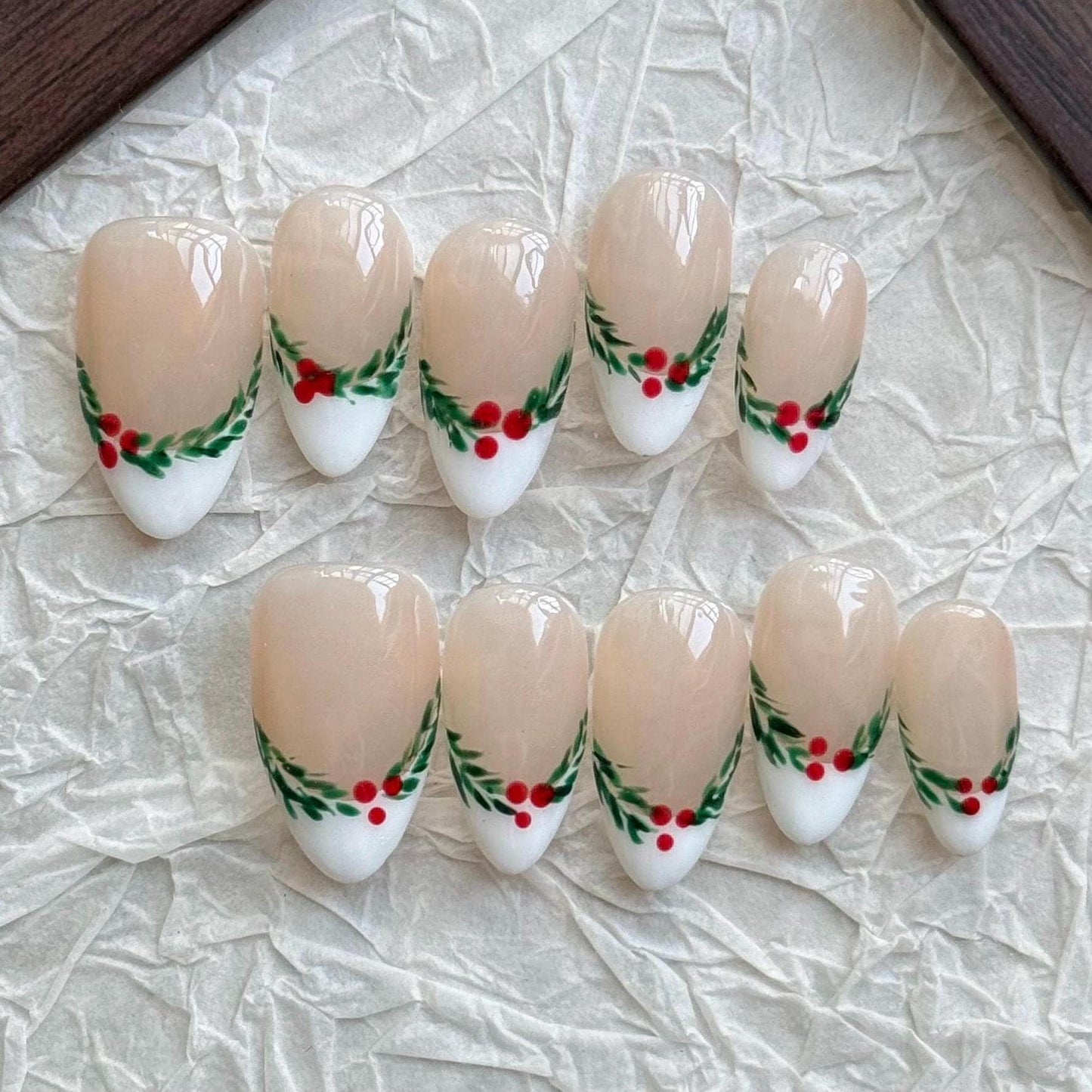Christmas green leaf press on Nail, cherry tree and snowflake French tip nails, holly nail, Holiday Fake Nails, Gifts for Her, MO769