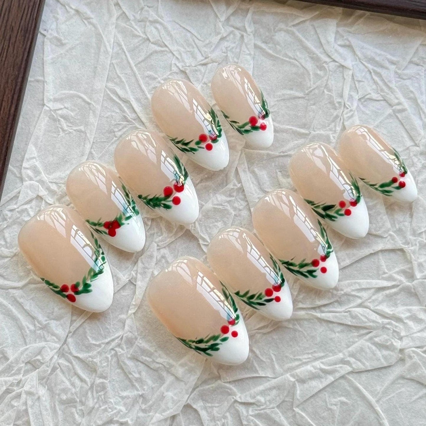 Christmas green leaf press on Nail, cherry tree and snowflake French tip nails, holly nail, Holiday Fake Nails, Gifts for Her, MO769