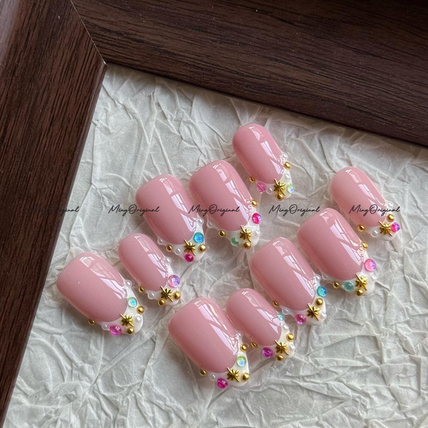 Soft Pink Press-On Nails with Gold Stars & Gemstone Accents, French Nails, Elegant Handmade Nail Art,MO770