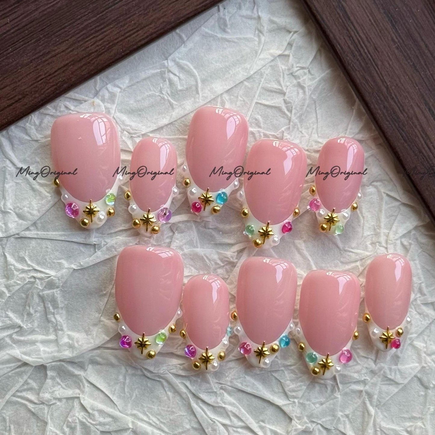 Soft Pink Press-On Nails with Gold Stars & Gemstone Accents, French Nails, Elegant Handmade Nail Art,MO770
