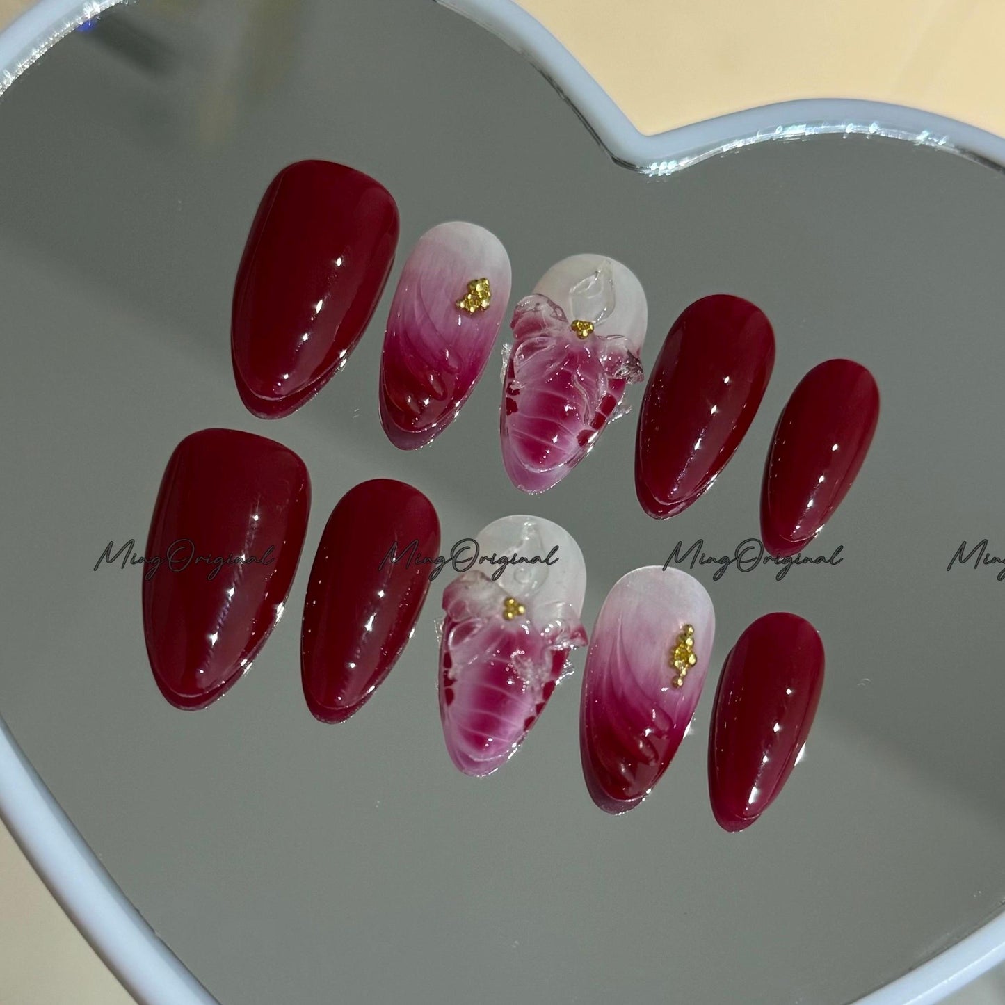 Burgundy Clear 3D Floral Press-On Nails, 3D Blossom Design with Gold Accents, Glue on Nails, MO755