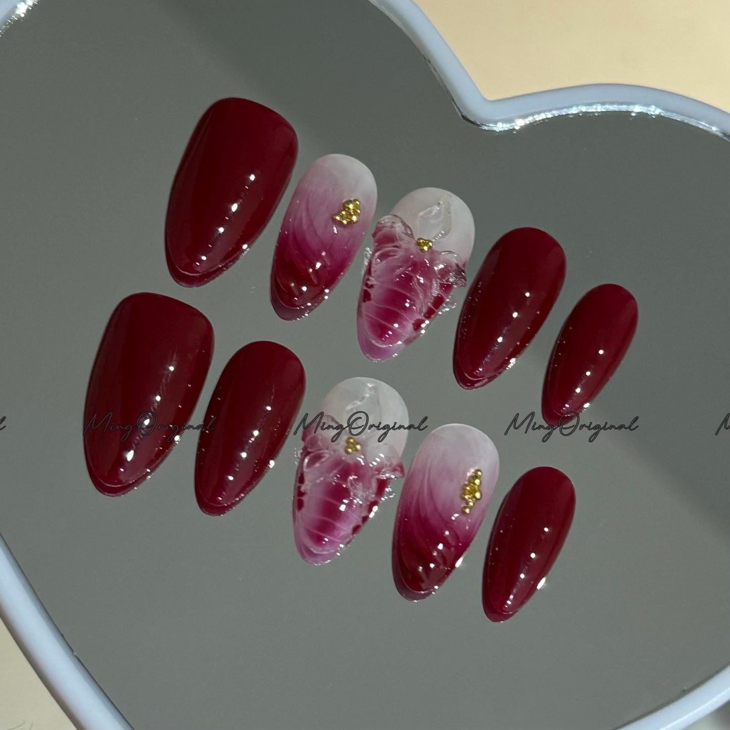 Burgundy Clear 3D Floral Press-On Nails, 3D Blossom Design with Gold Accents, Glue on Nails, MO755