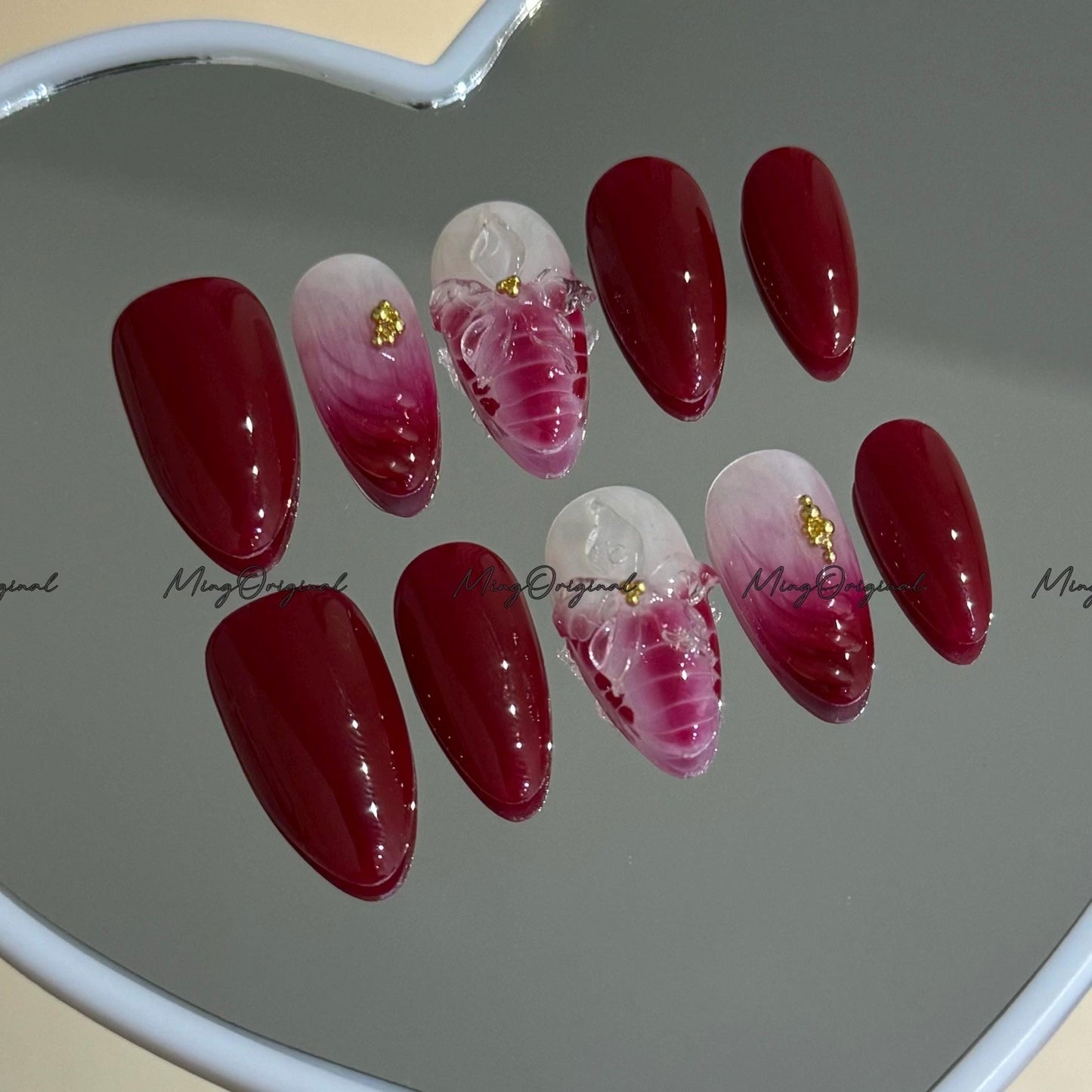 Burgundy Clear 3D Floral Press-On Nails, 3D Blossom Design with Gold Accents, Glue on Nails, MO755