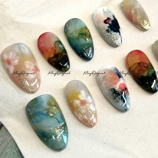 Oil Painting-Inspired Press-On Nails, Hand-Painted Floral & Glitter Art, Glossy Multicolor Nail Set, Reusable Nails, MO748